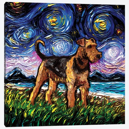 Airedale Terrier Night Canvas Print #AJT278} by Aja Trier Canvas Wall Art