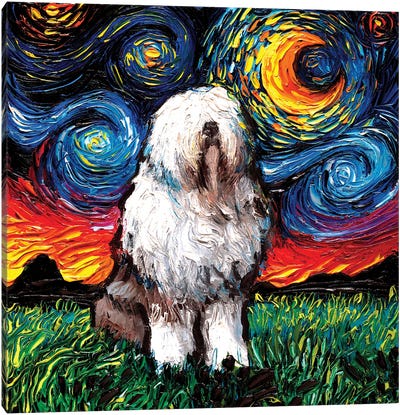 English Sheepdog Night Canvas Art Print - Pet Obsessed