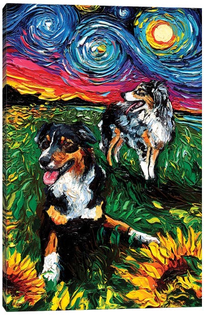 Starry Australian Shepherds Canvas Art Print - All Things Van Gogh