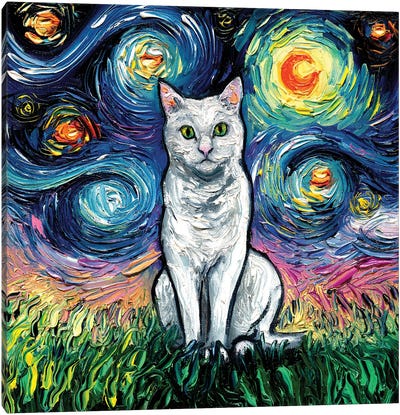 White Cat Night Canvas Art Print - Starry Night Collection