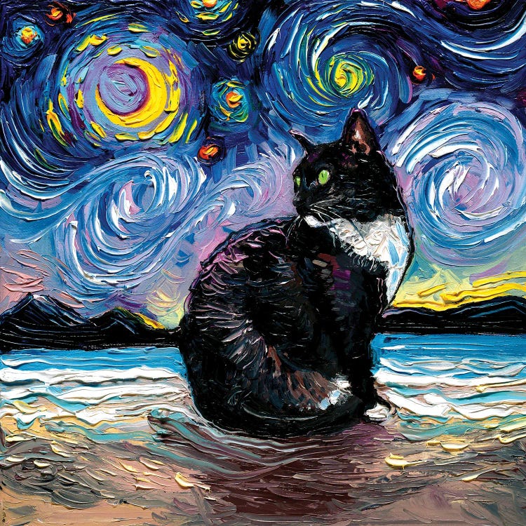 Green Eyed Tuxedo Cat Night by Aja Trier wall art