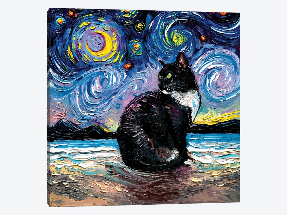 Green Eyed Tuxedo Cat Night by Aja Trier 1-piece Canvas Art Print
