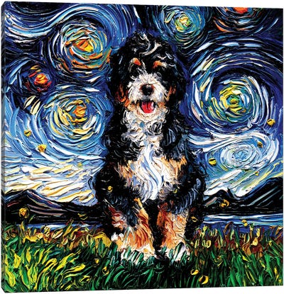 Bernedoodle Night Canvas Art Print - Dog Art