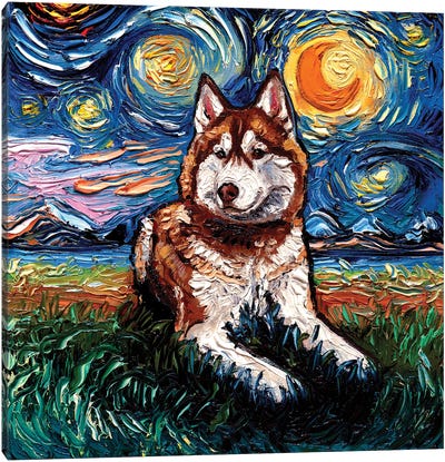 Red Husky Night Canvas Art Print - Starry Night Collection