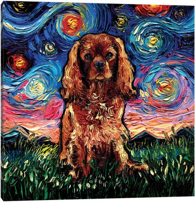 Ruby King Charles Cavalier Spaniel Night Canvas Art Print - Starry Night Collection