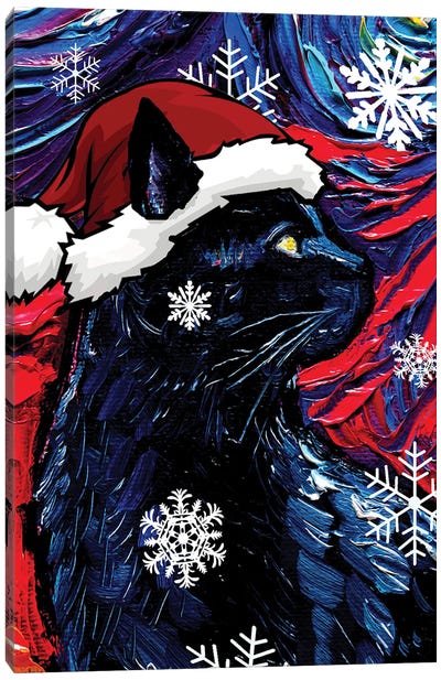 Black Cat Santa Canvas Art Print - Christmas Animal Art