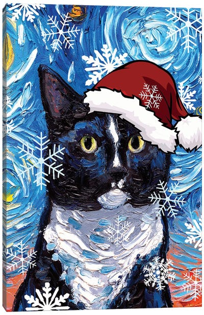 Tuxedo Cat Santa Canvas Art Print - Tuxedo Cat Art