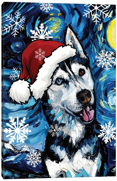 Happy Husky Santa Canvas Art Print - Christmas Animal Art