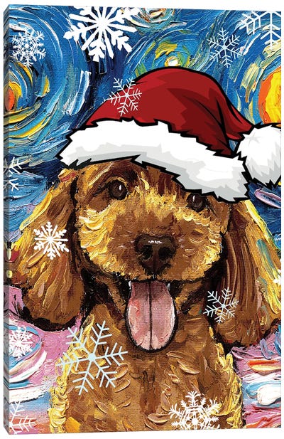 Apricot Poodle Puppy Santa Canvas Art Print - Christmas Animal Art