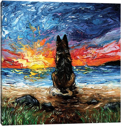 Beach Days - German Shepherd Canvas Art Print - Beach Sunrise & Sunset Art