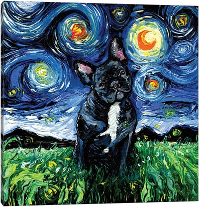 Black And White French Bulldog Night Canvas Art Print - Night Sky Art