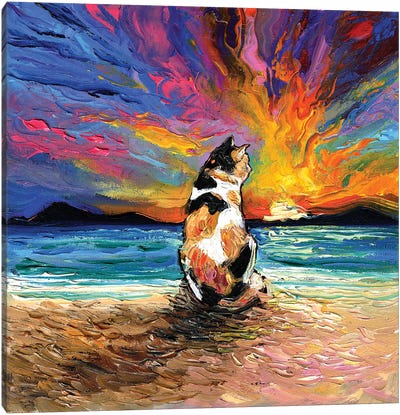 Beach Days - Calico Cat Canvas Art Print - Beach Sunrise & Sunset Art