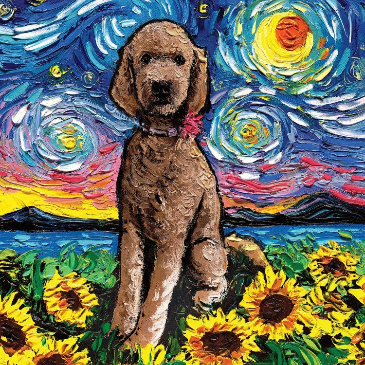 Brown Goldendoodle Night (With Sunflowers) by Aja Trier wall art