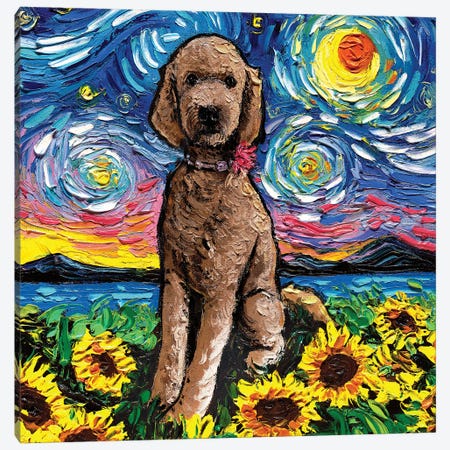 Brown Goldendoodle Night (With Sunflowers) Canvas Print #AJT485} by Aja Trier Canvas Art