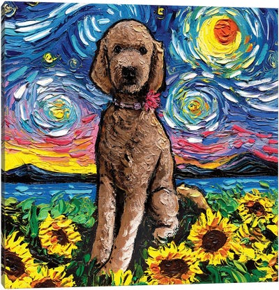 Brown Goldendoodle Night (With Sunflowers) Canvas Art Print - Goldendoodles