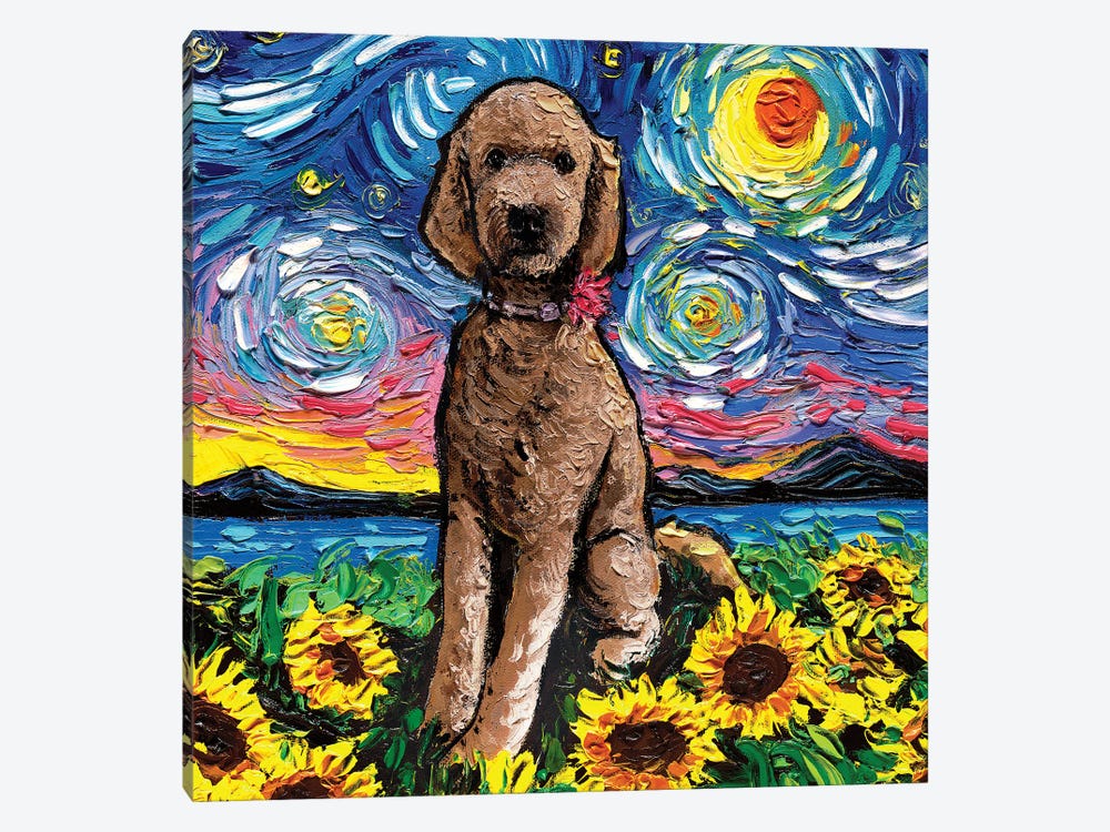 Brown Goldendoodle Night (With Sunflowers) by Aja Trier 1-piece Canvas Print