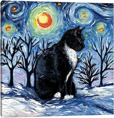 Winter Night - Tuxedo Cat Canvas Art Print - Winter Wonderland