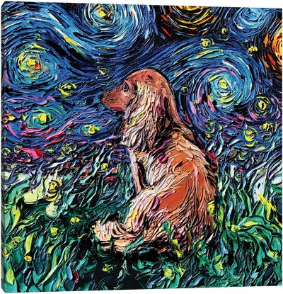 Brown Longhair Dachshund Night Canvas Art Print - All Things Van Gogh