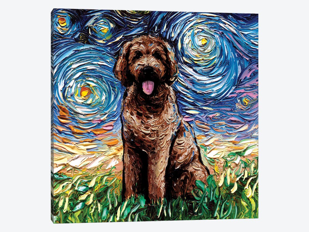 Brown Goldendoodle Night 1-piece Canvas Wall Art