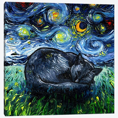 Sleepy Black Cat Night Canvas Print #AJT517} by Aja Trier Canvas Artwork