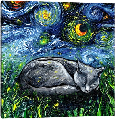Sleepy Russian Blue Night Canvas Art Print - Pet Dad
