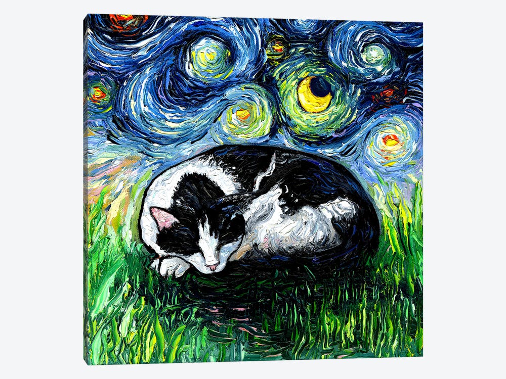Sleepy Tuxedo Cat Night by Aja Trier 1-piece Canvas Artwork