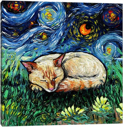 Sleepy Flame Point Siamese Night Canvas Art Print - Starry Night Collection