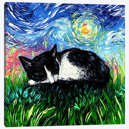 Sleepy Tuxedo Kitten Night Canvas Print #AJT527} by Aja Trier Art Print