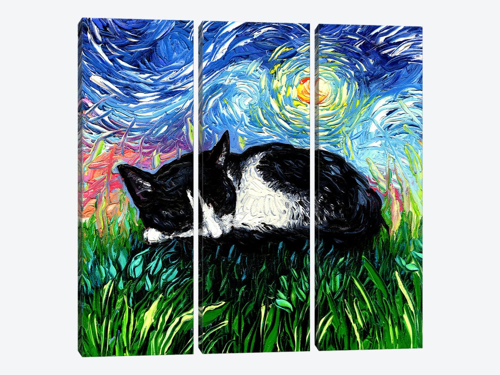 Sleepy Tuxedo Kitten Night by Aja Trier 3-piece Canvas Wall Art