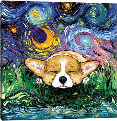 Sleepy Corgi Night Canvas Art Print - Crescent Moon Art