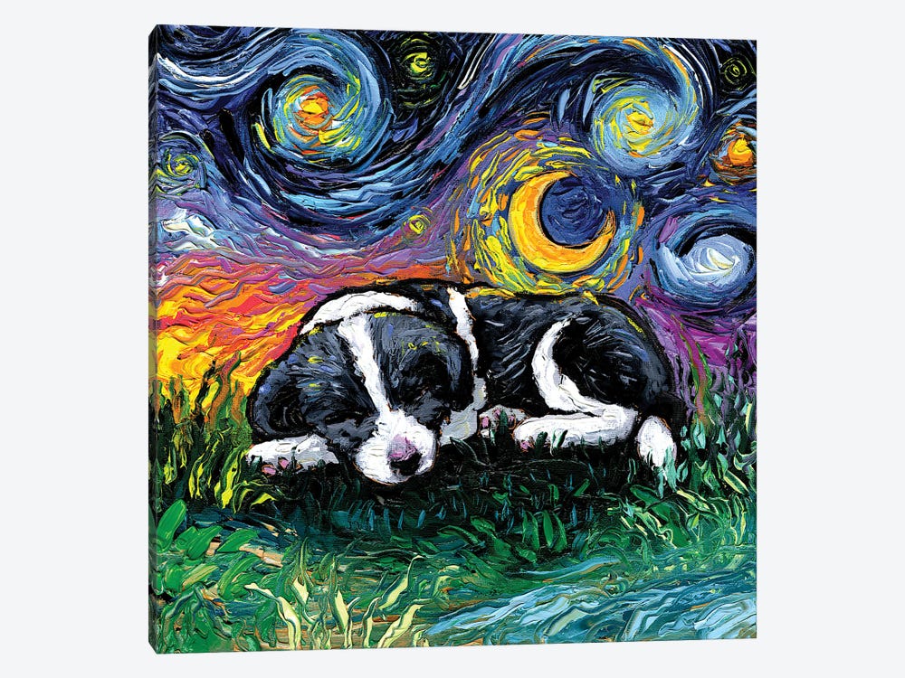 Sleepy Border Collie Pup Night by Aja Trier 1-piece Art Print