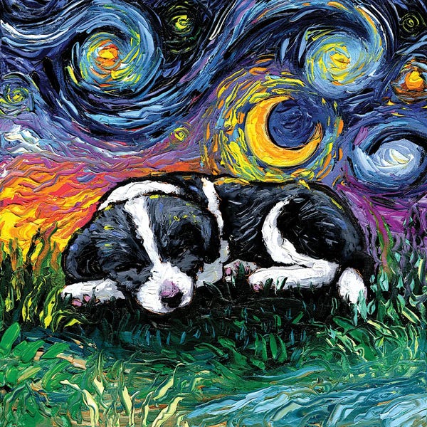 All Things Van Gogh: Sleepy Border Collie Pup Night by Aja Trier