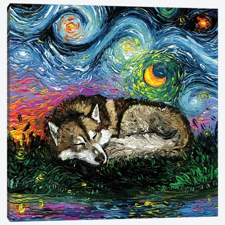 Sleepy Brown Husky Night Canvas Print #AJT538} by Aja Trier Art Print