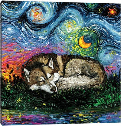 Sleepy Brown Husky Night Canvas Art Print - Moon Art