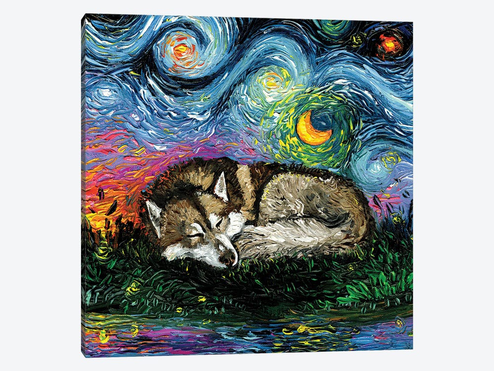Sleepy Brown Husky Night by Aja Trier 1-piece Canvas Wall Art