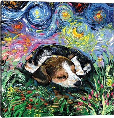 Sleepy Beagle Pup Night Canvas Art Print - Crescent Moon Art