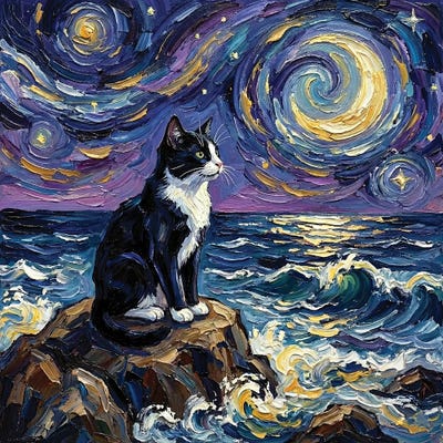 Sycamore - Canvas Prints: Beach Night - Tuxedo Cat by Aja Trier