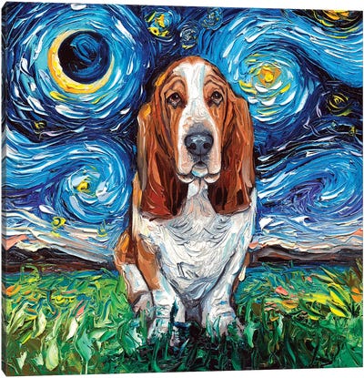 Basset Hound Night Canvas Art Print - Starry Night Collection