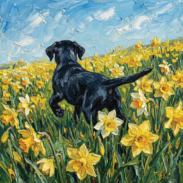 Aja Trier: Amongst The Flowers - Black Labrador by Aja Trier