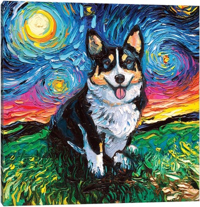 Tri-Color Corgi Night Canvas Art Print - Dog Art