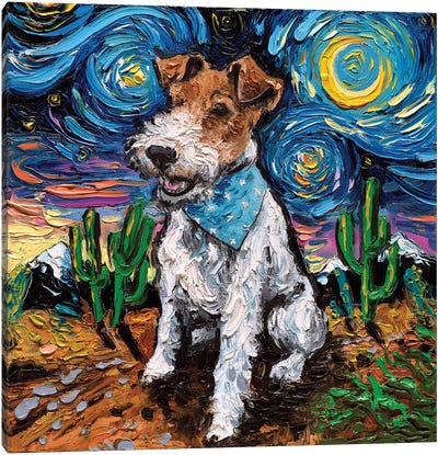 Wire Fox Terrier Night Canvas Art Print - Starry Night Collection