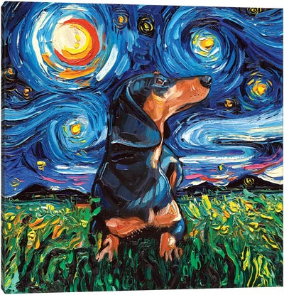 Black And Tan Dachshund Night Canvas Art Print - All Things Van Gogh