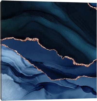 Navy Rose Gold Agate Texture XII Canvas Art Print - Blue Art