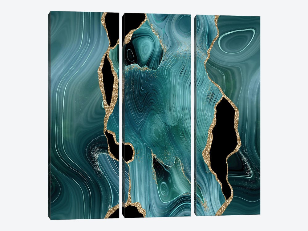Teal Gold Glitter Agate Texture IV by Aloke Design 3-piece Canvas Wall Art