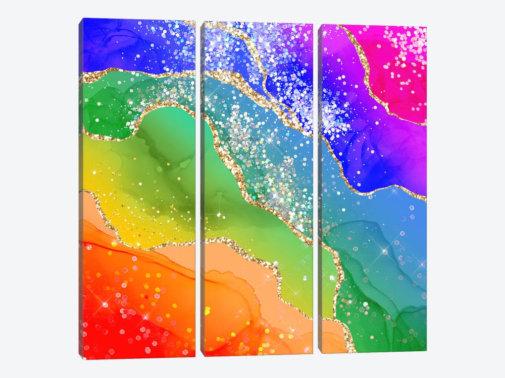 Vibrant Rainbow Glitter Agate Texture VI by Aloke Design 3-piece Canvas Print