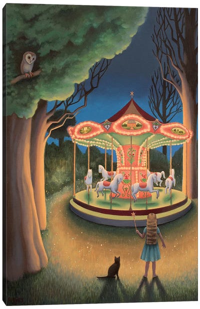 Nightime Carousel Canvas Art Print - Kids Fantasy Art