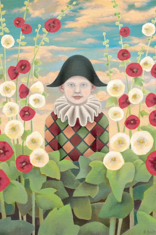 Harlequin And Hollyhocks by Antoinette Kelly canvas print