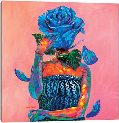 Lady Blue Canvas Art Print - Floral Portrait Art