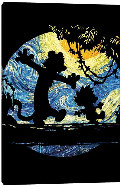 Calvin Hobbes Starry Night Canvas Art Print - Animated & Comic Strip Character Art