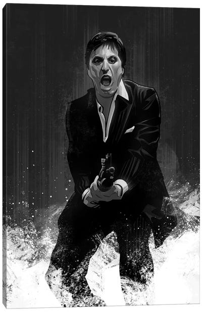 Scarface In Black And White Canvas Art Print - Tony Montana